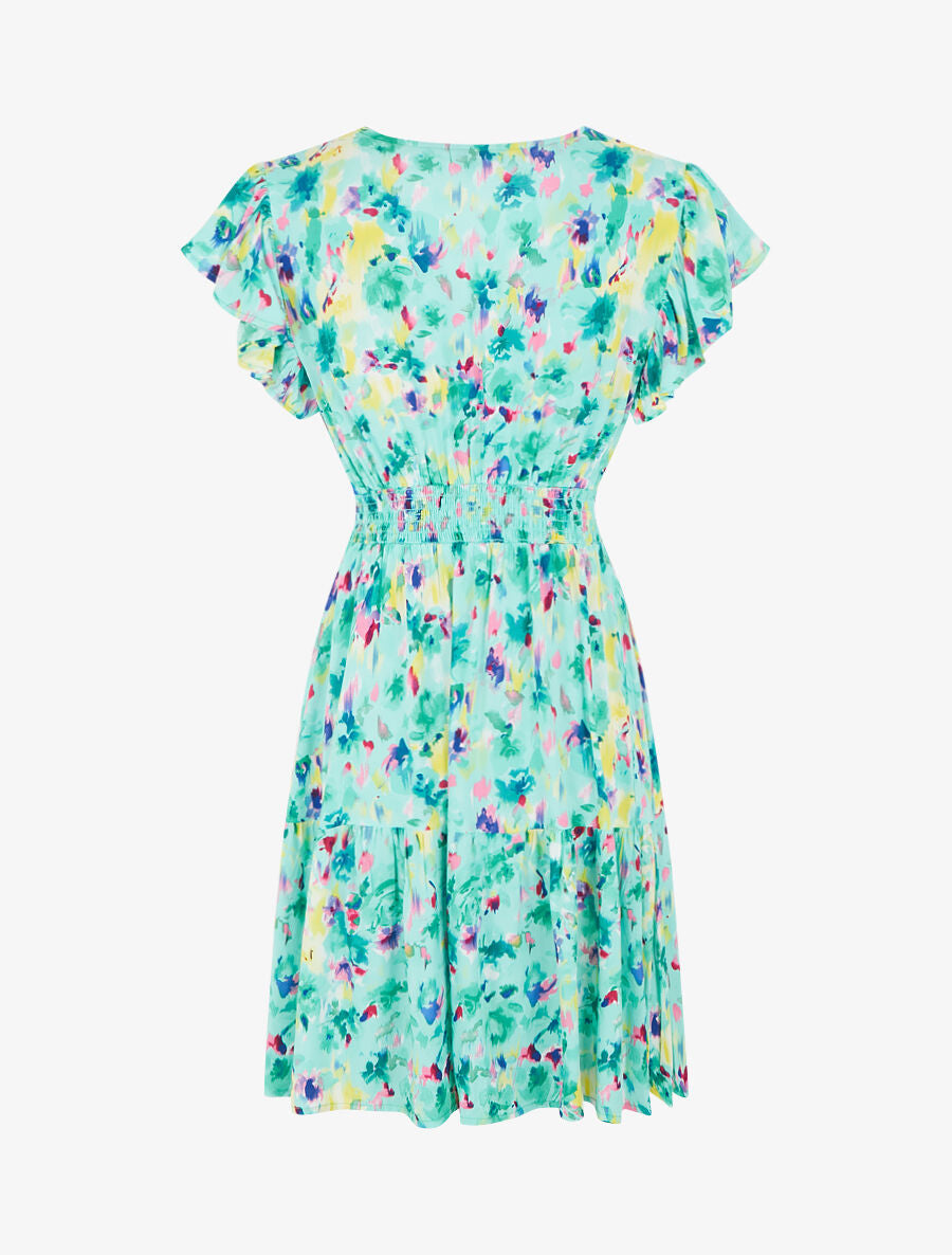 Robe imprimé aquarelle à col V brodé - Vert d&