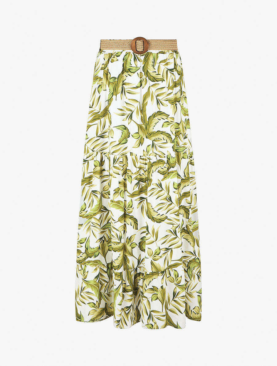 Jupe imprimé feuilles à taille élastiquée - Vert - 1
