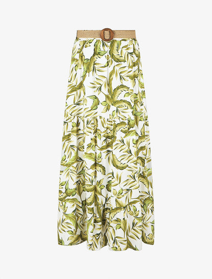 Jupe imprimé feuilles à taille élastiquée - Vert - 1