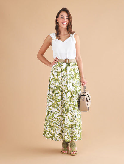 Jupe imprimé feuilles à taille élastiquée - Vert - 4