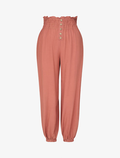 Pantalon uni à bords élastiqués et boutons décoratifs - Corail - 1