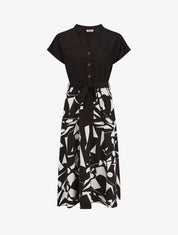 Robe longue élastiquée à jupe imprimé géométrique - Noir - 5