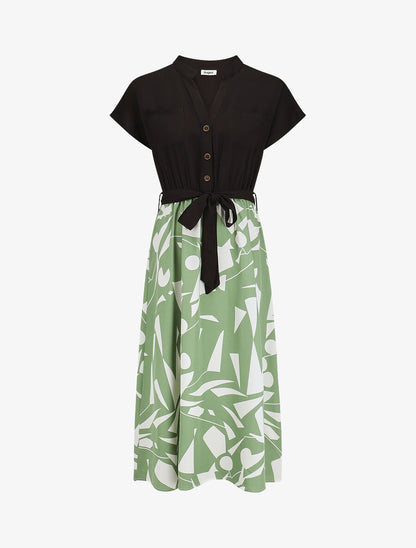 Robe longue élastiquée à jupe imprimé géométrique - Vert - 1