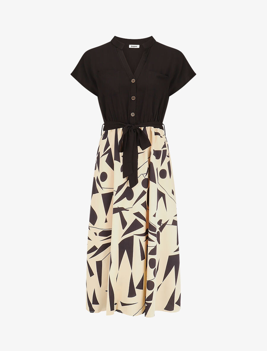 Robe longue élastiquée à jupe imprimé géométrique - Beige - 4