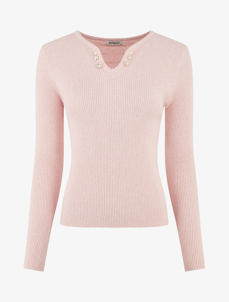 Pull côtelé ajusté à col bijoux - Rose - 5