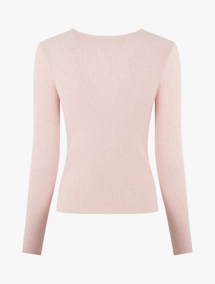 Pull côtelé ajusté à col bijoux - Rose - 2