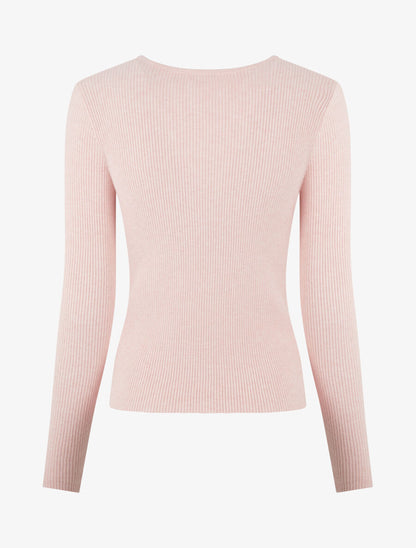 Pull côtelé ajusté à col bijoux - Rose - 2