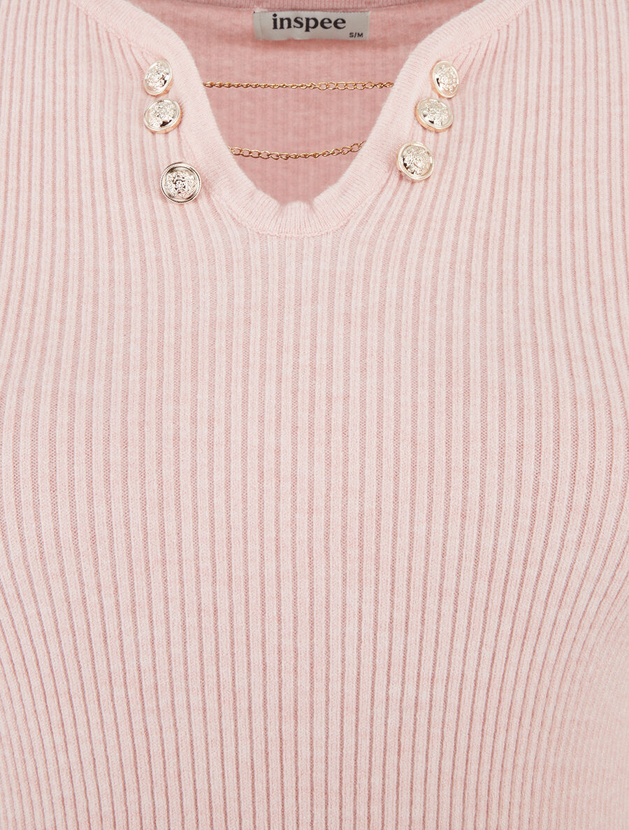 Pull côtelé ajusté à col bijoux - Rose - 3