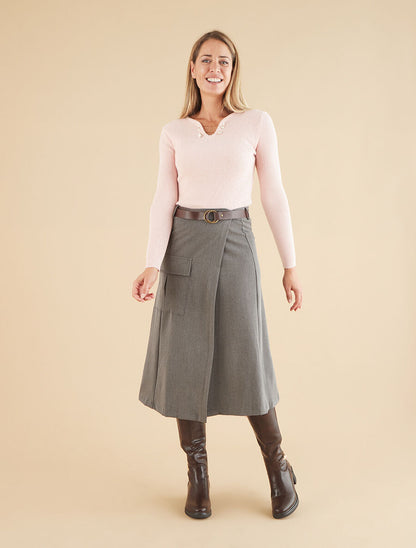 Pull côtelé ajusté à col bijoux - Rose - 4