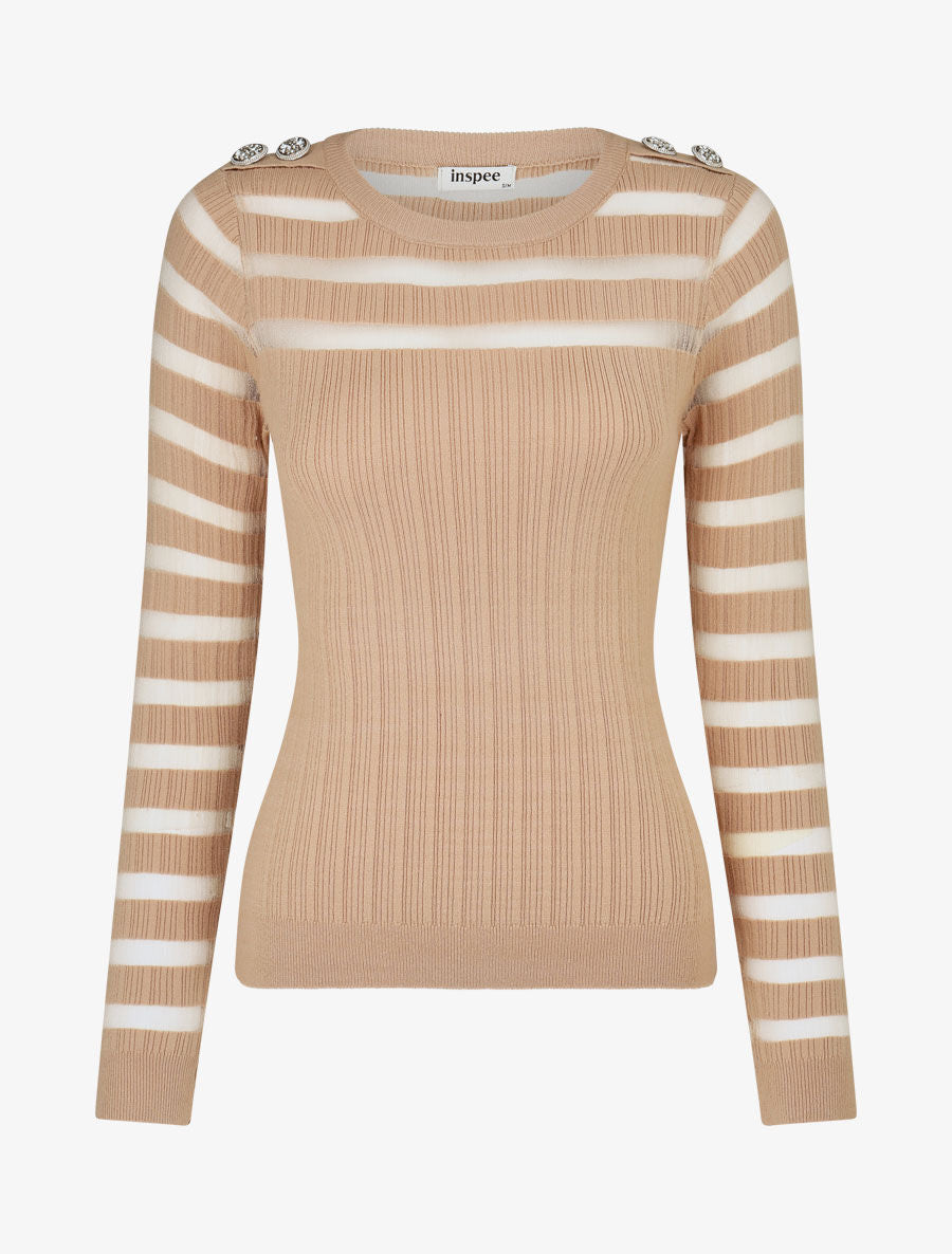 Pull uni à bandes ajourées et bijoux aux épaules - Beige - 4