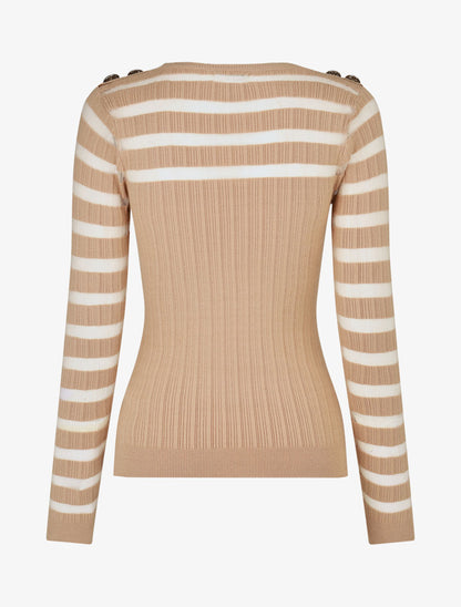 Pull uni à bandes ajourées et bijoux aux épaules - Beige - 2