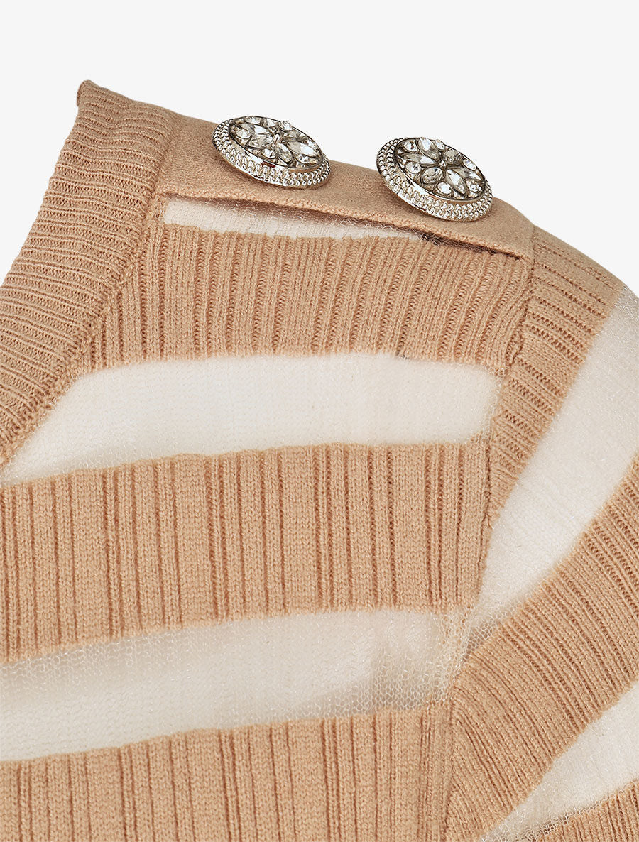 Pull uni à bandes ajourées et bijoux aux épaules - Beige - 3