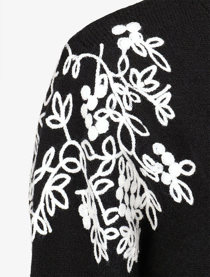 Pull uni à broderies fleuries aux épaules - Noir - 3