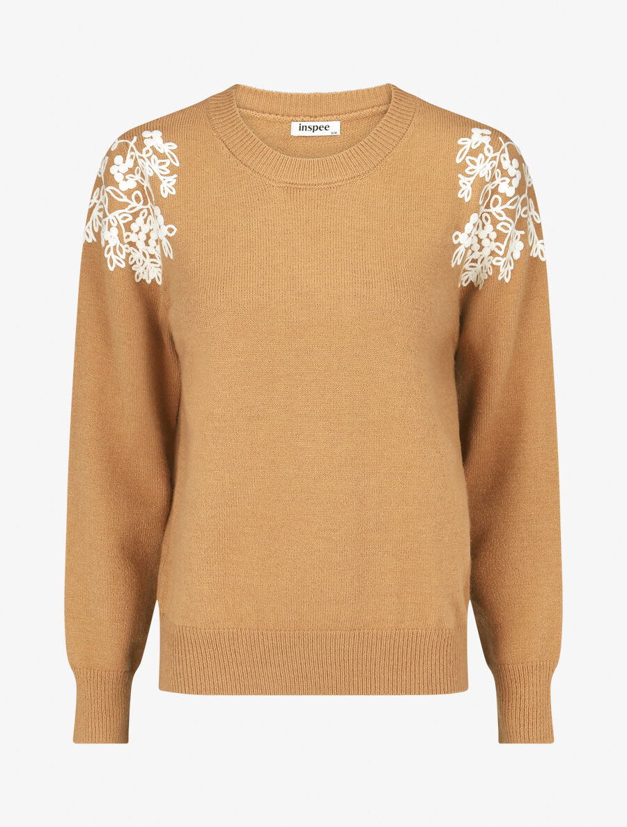 Pull uni à broderies fleuries aux épaules - Camel - 1