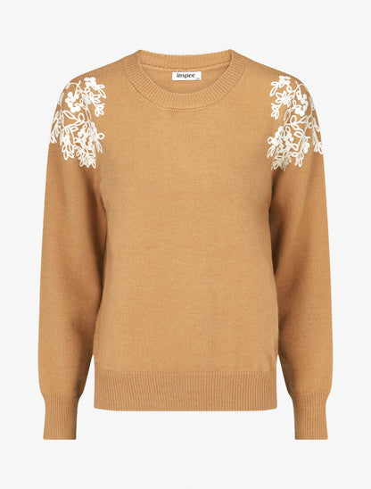 Pull uni à broderies fleuries aux épaules - Camel - 1