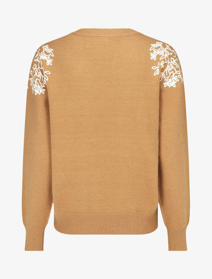 Pull uni à broderies fleuries aux épaules - Camel - 2