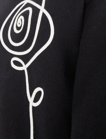 Pull uni à broderie fleur - Noir - 3