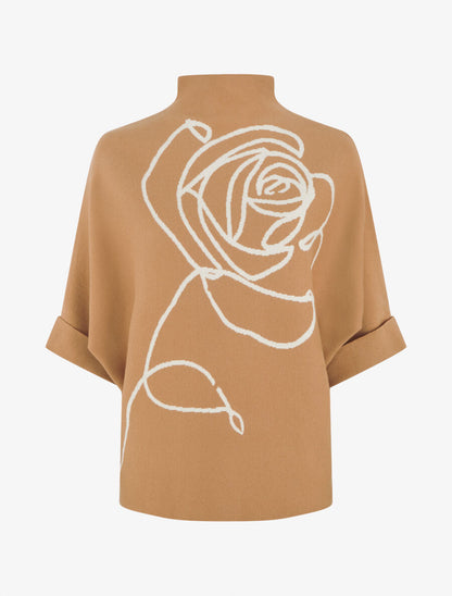 Pull ample manches 3/4 motif rose - Camel - 4