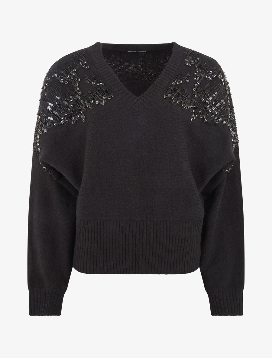 Pull uni à empiècement strass et perles aux épaules - Noir - 1