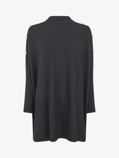 Pull ample uni manches boutonnées - Noir - 1