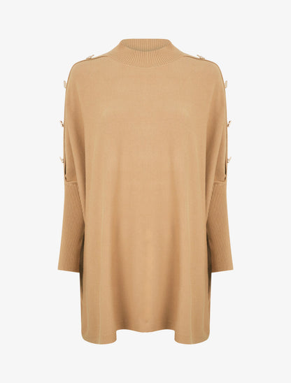 Pull ample uni manches boutonnées - Camel - 4