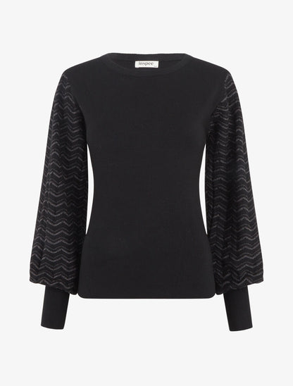 Pull à manches longues à motif zigzag irisé - Noir - 1