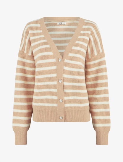Cardigan rayé à boutons strassés - Taupe - 1