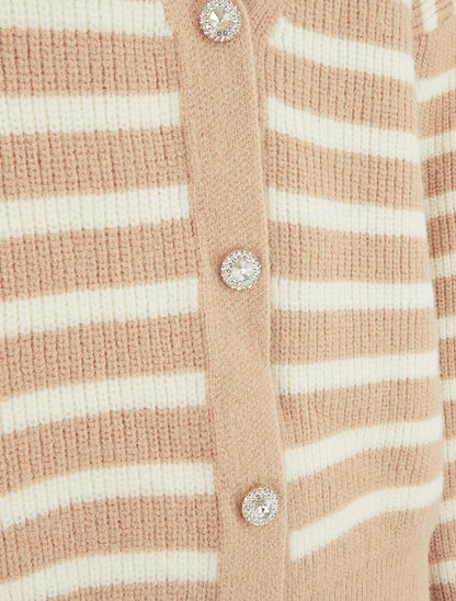 Cardigan rayé à boutons strassés - Taupe - 3