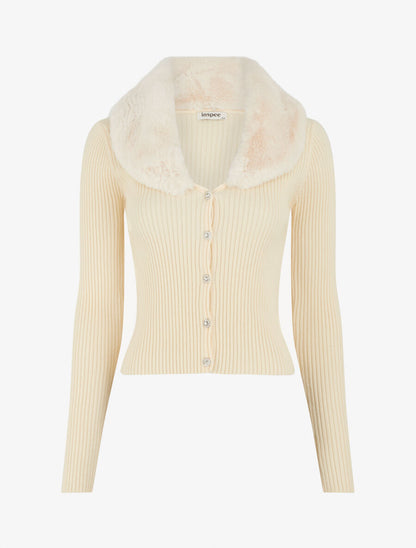 Gilet côtelé ajusté col en fourrure - Beige clair - 1