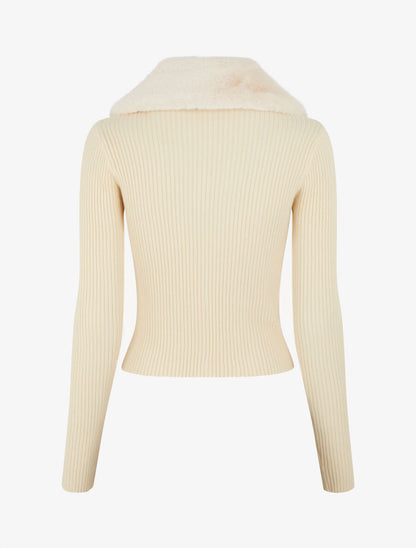Gilet côtelé ajusté col en fourrure - Beige clair - 2