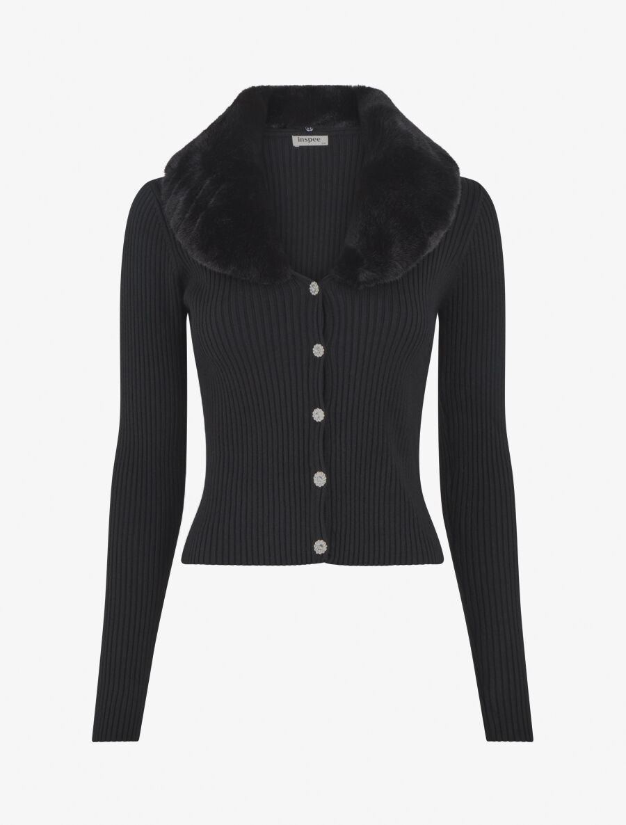Gilet côtelé ajusté col en fourrure - Noir - 5