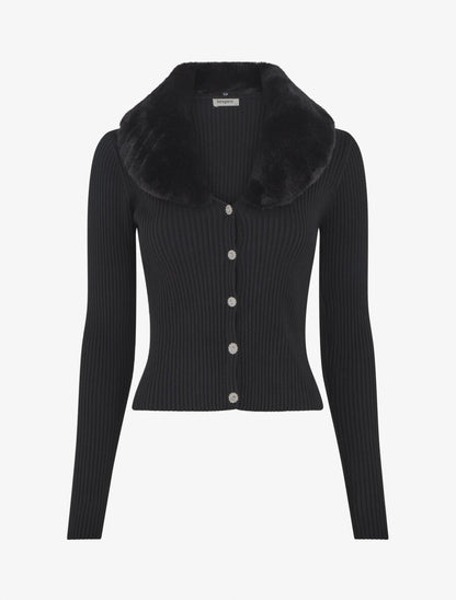 Gilet côtelé ajusté col en fourrure - Noir - 5