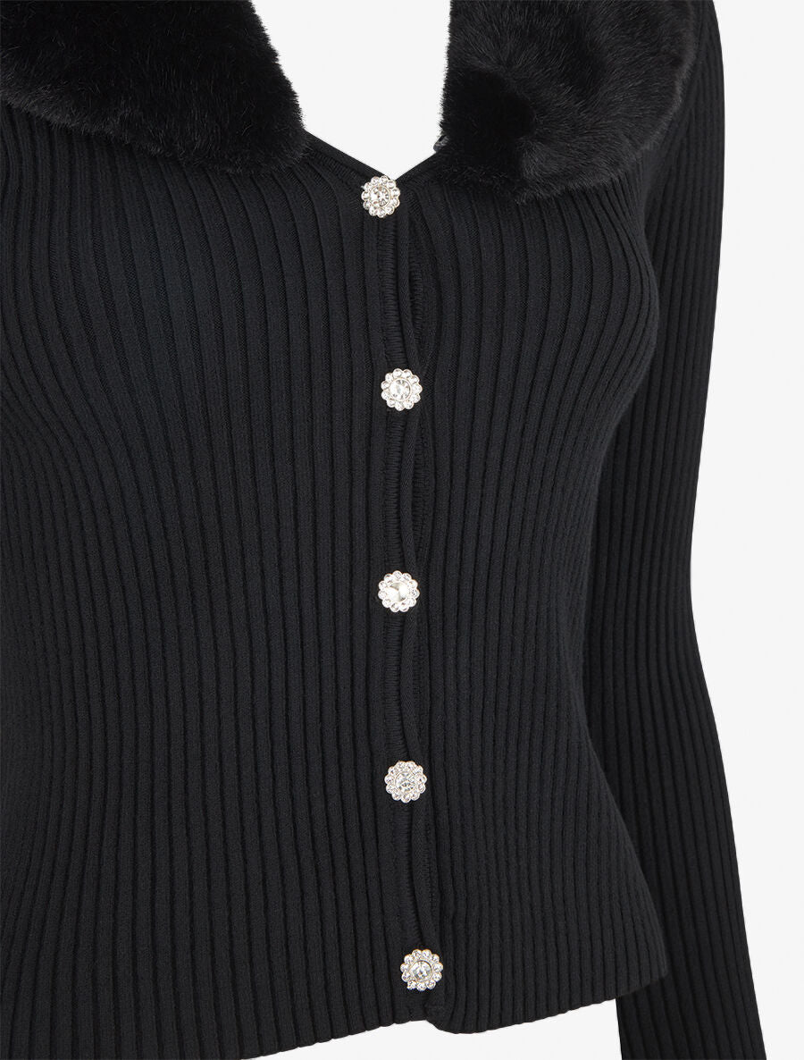 Gilet côtelé ajusté col en fourrure - Noir - 3