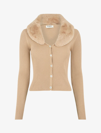 Gilet côtelé ajusté col en fourrure - Taupe - 1