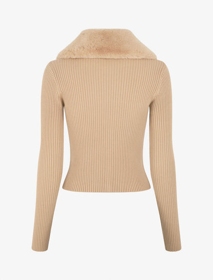 Gilet côtelé ajusté col en fourrure - Taupe - 2