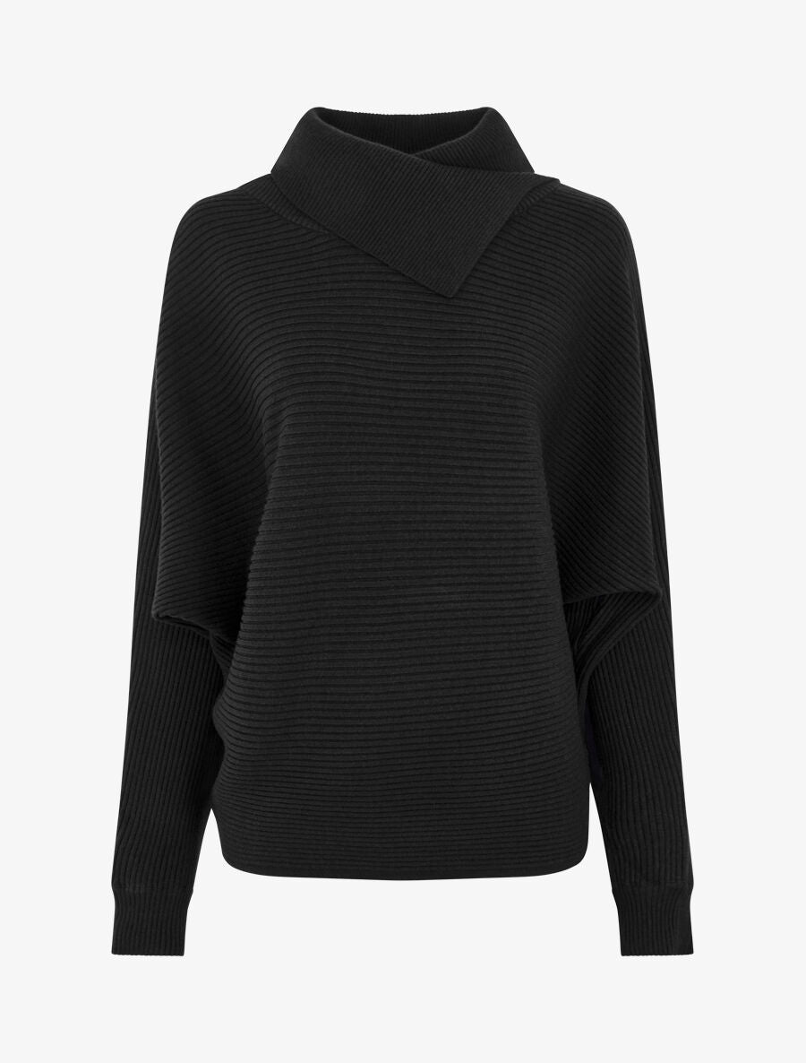 Pull ample côtelé à col montant asymétrique - Noir - 1
