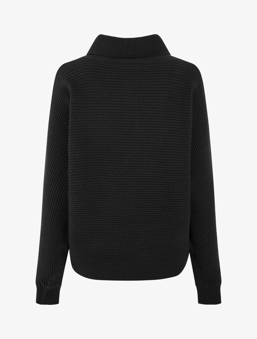 Pull ample côtelé à col montant asymétrique - Noir - 2