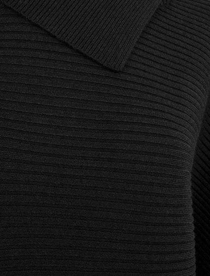 Pull ample côtelé à col montant asymétrique - Noir - 3
