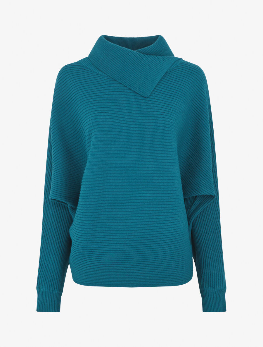 Pull ample côtelé à col montant asymétrique - Bleu canard - 1