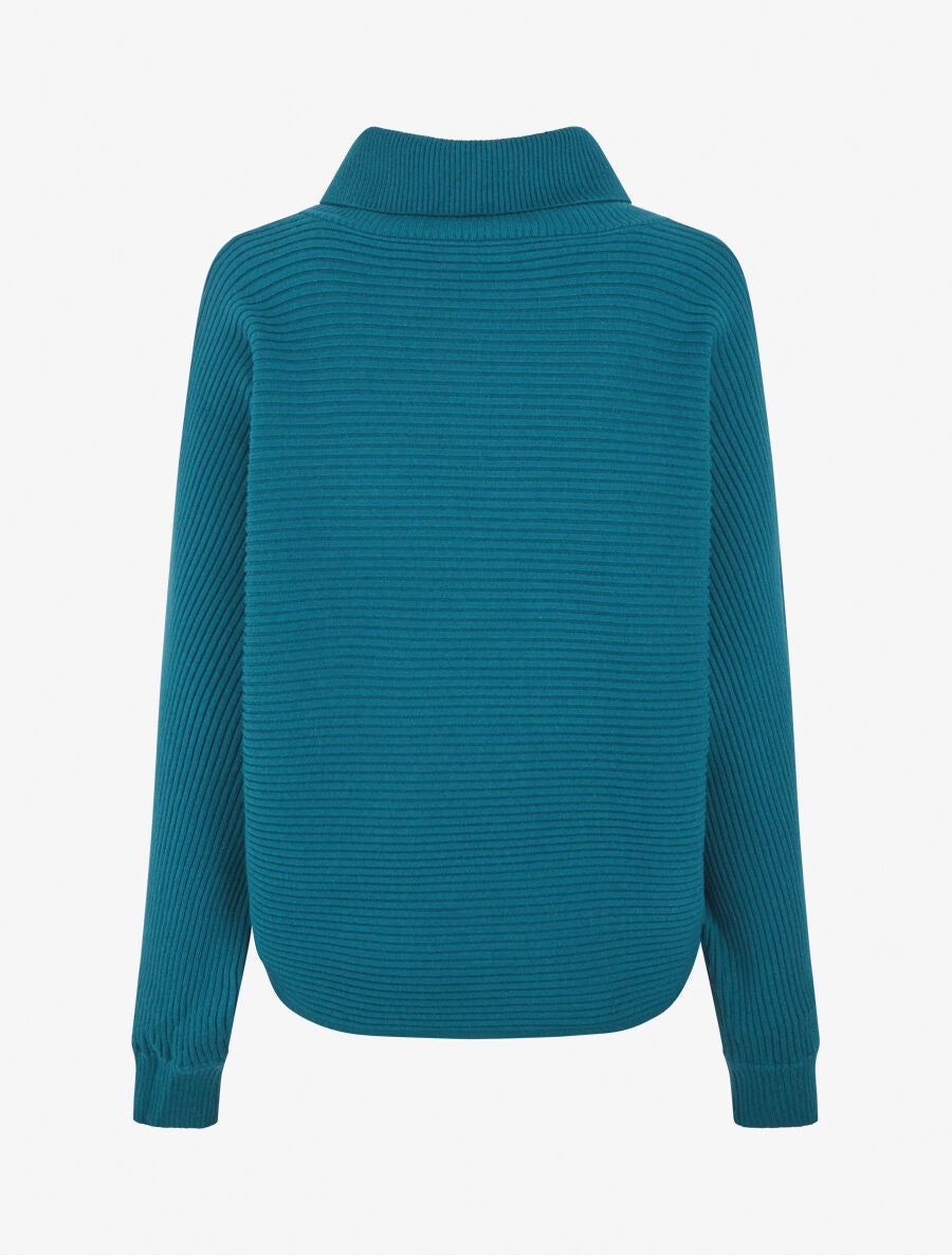Pull ample côtelé à col montant asymétrique - Bleu canard - 2