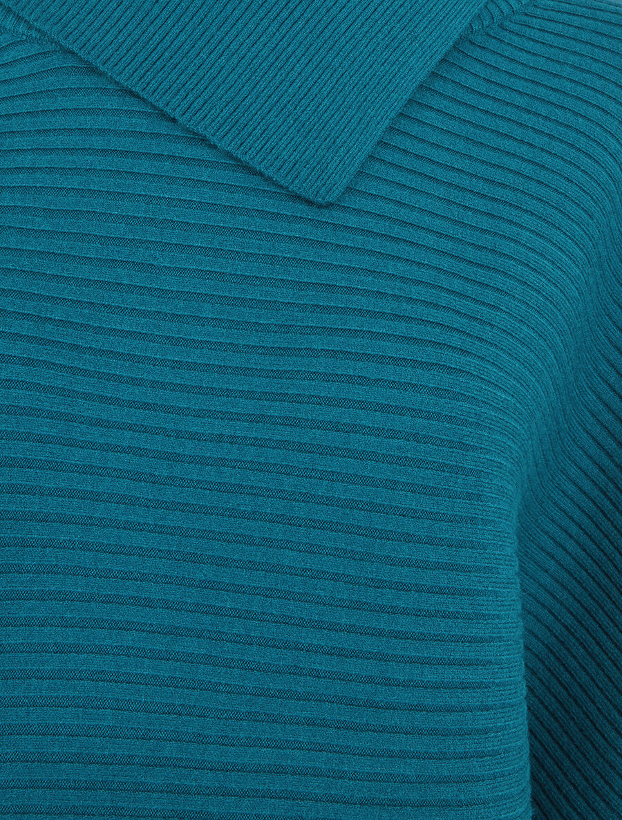 Pull ample côtelé à col montant asymétrique - Bleu canard - 3