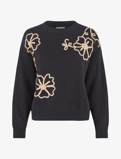 Pull droit à fleurs brodées - Noir - 4