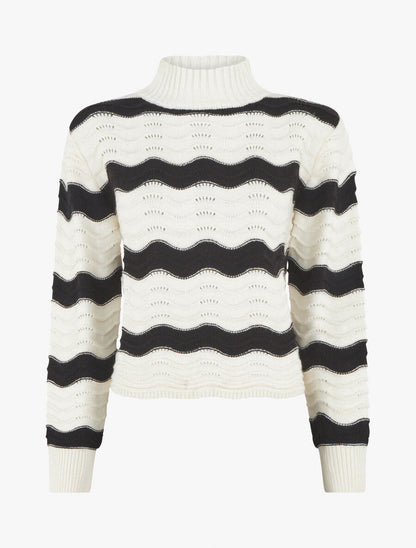 Pull droit col montant motif zigzag - Noir/blanc - 1