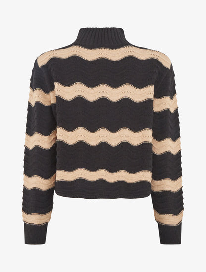 Pull droit col montant motif zigzag - Noir/beige - 2