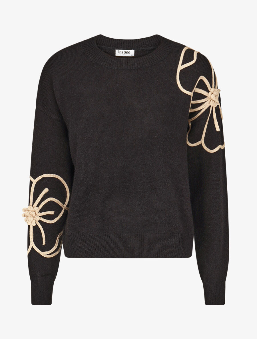 Pull en maille broderie fleurs - Noir - 1