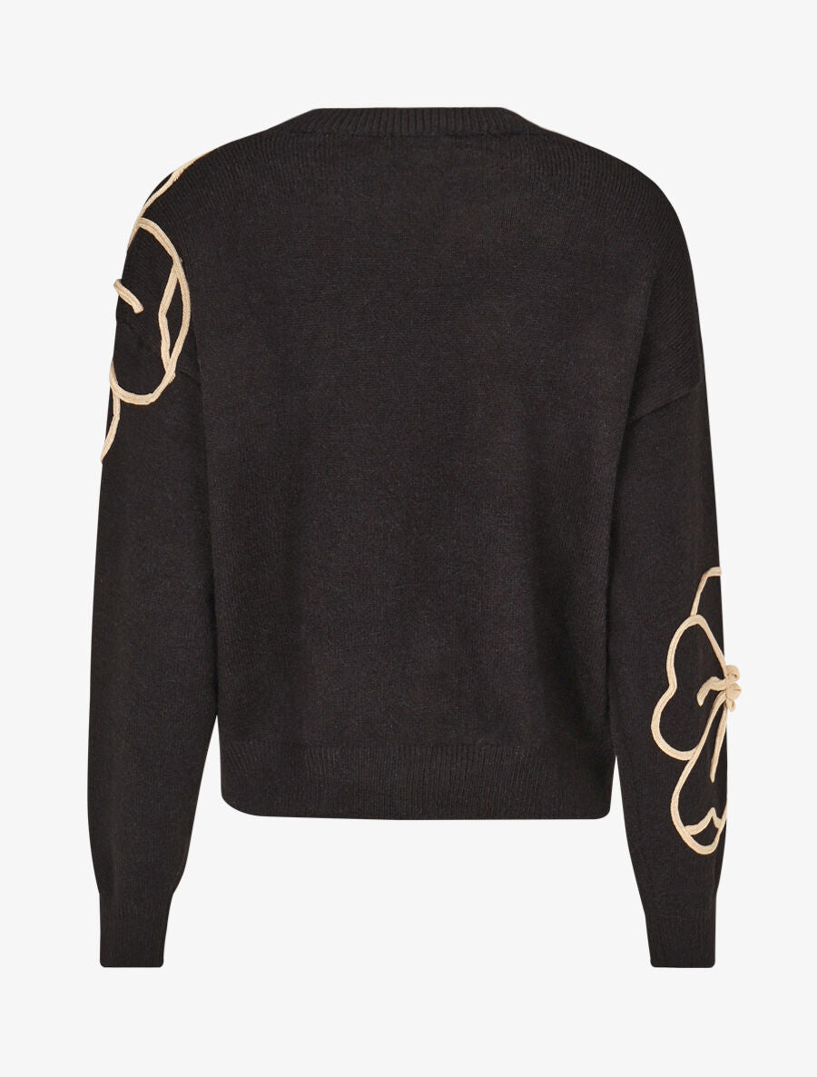 Pull en maille broderie fleurs - Noir - 2