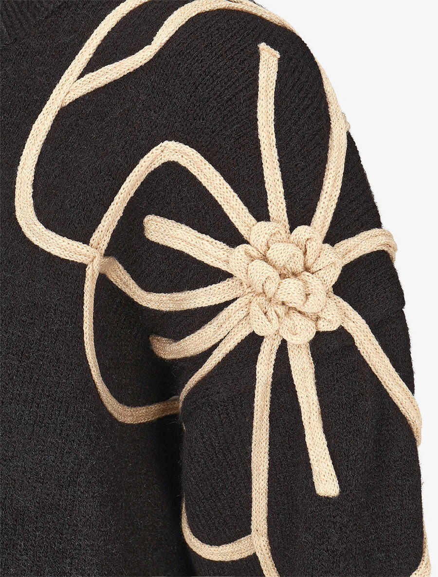 Pull en maille broderie fleurs - Noir - 3