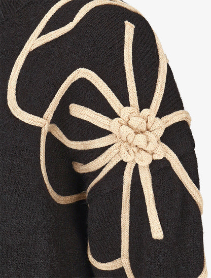 Pull en maille broderie fleurs - Noir - 3