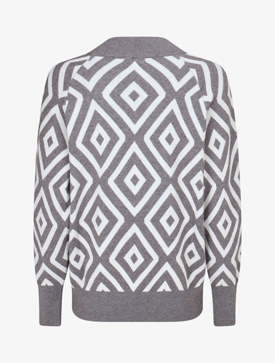 Pull imprimé losanges à col V - Gris - 2