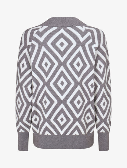 Pull imprimé losanges à col V - Gris - 2